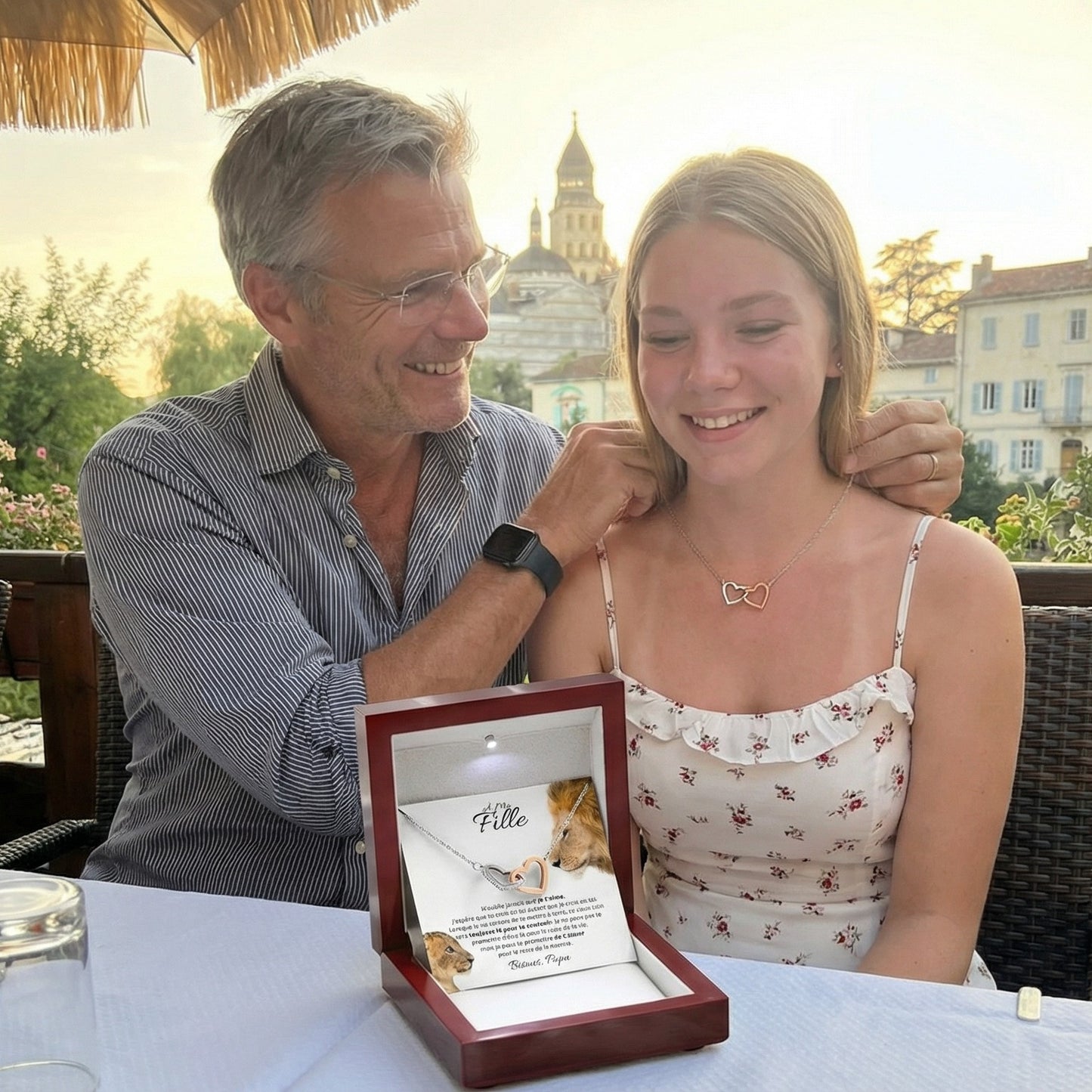 À ma fille - Bisous, Papa - Collier Cœurs Enlacés